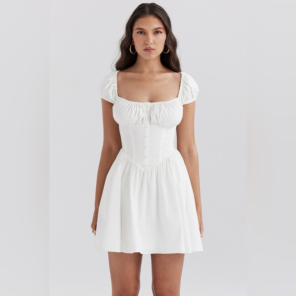 House of CB White Ruched Mini Dress with Puff Sleeves